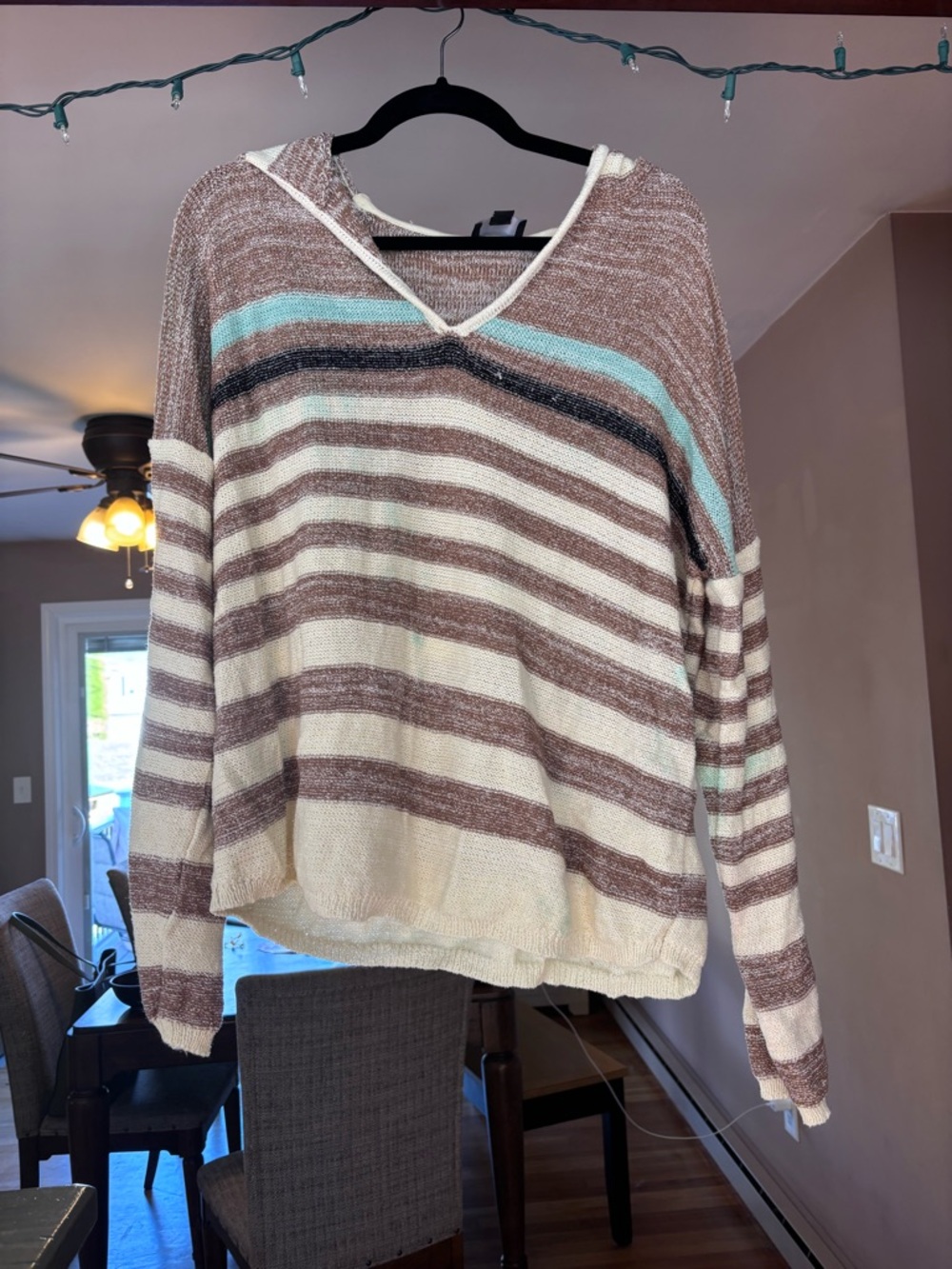 Striped V-Neck Hooded Sweater in Cream and Brown